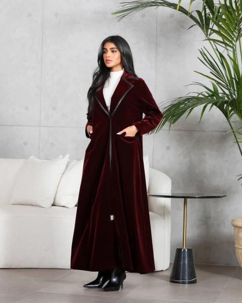 Burgundy velvet blazer abaya IB261 Burgundy