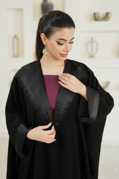 Crepe abaya with black satin and embroidery C:IB284 Black